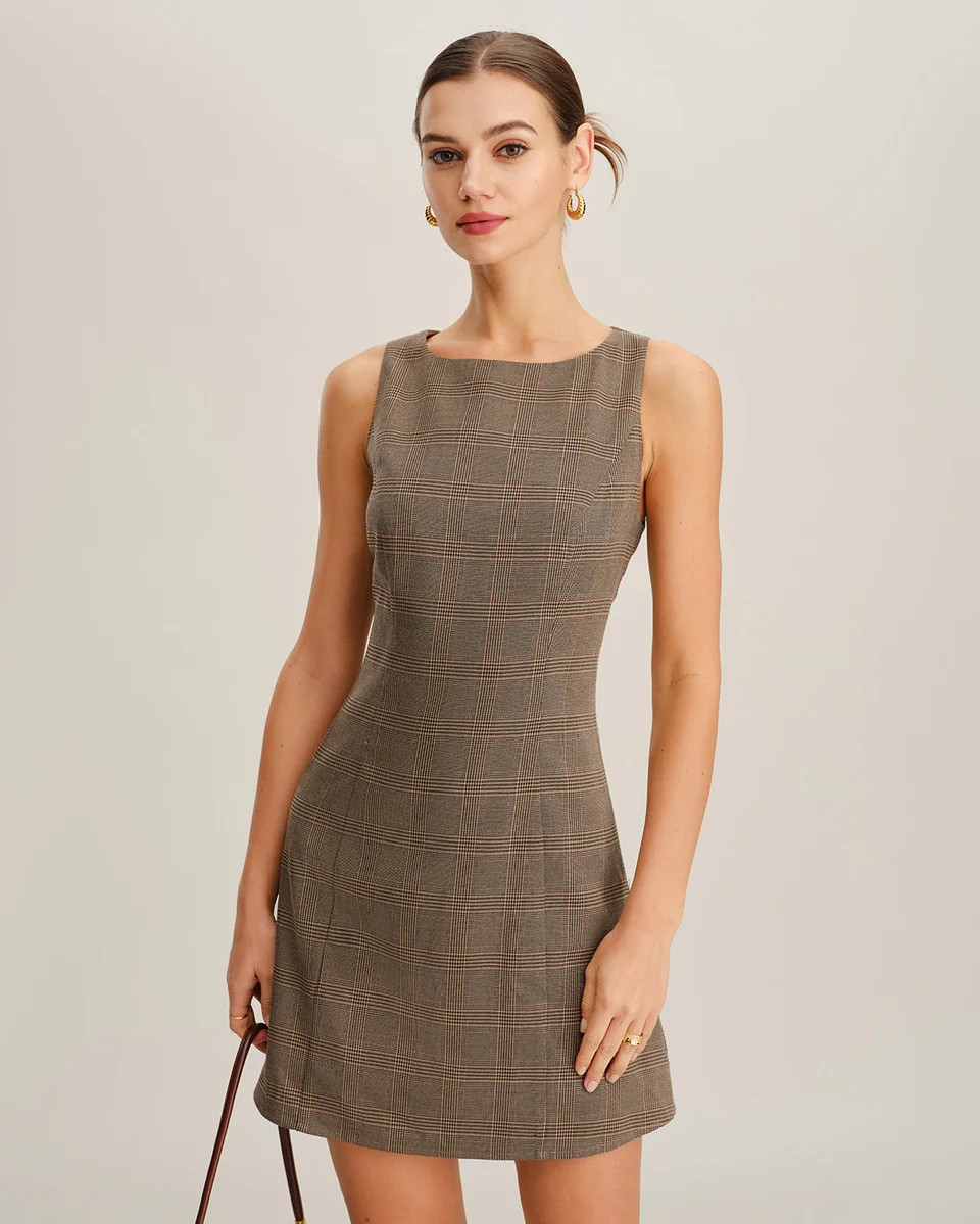 Brown Plaid Sleeveless Mini Dress | rihoas.com