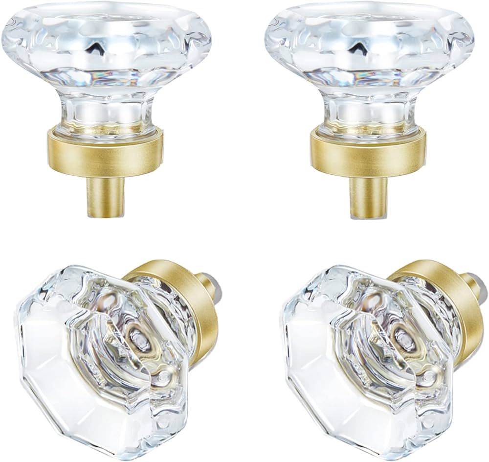 HIEMEY Clear Glass Crystal Cabinet Knobs Satin Brass, Gold Pulls and Knobs for Cabinet Dresser Dr... | Amazon (US)