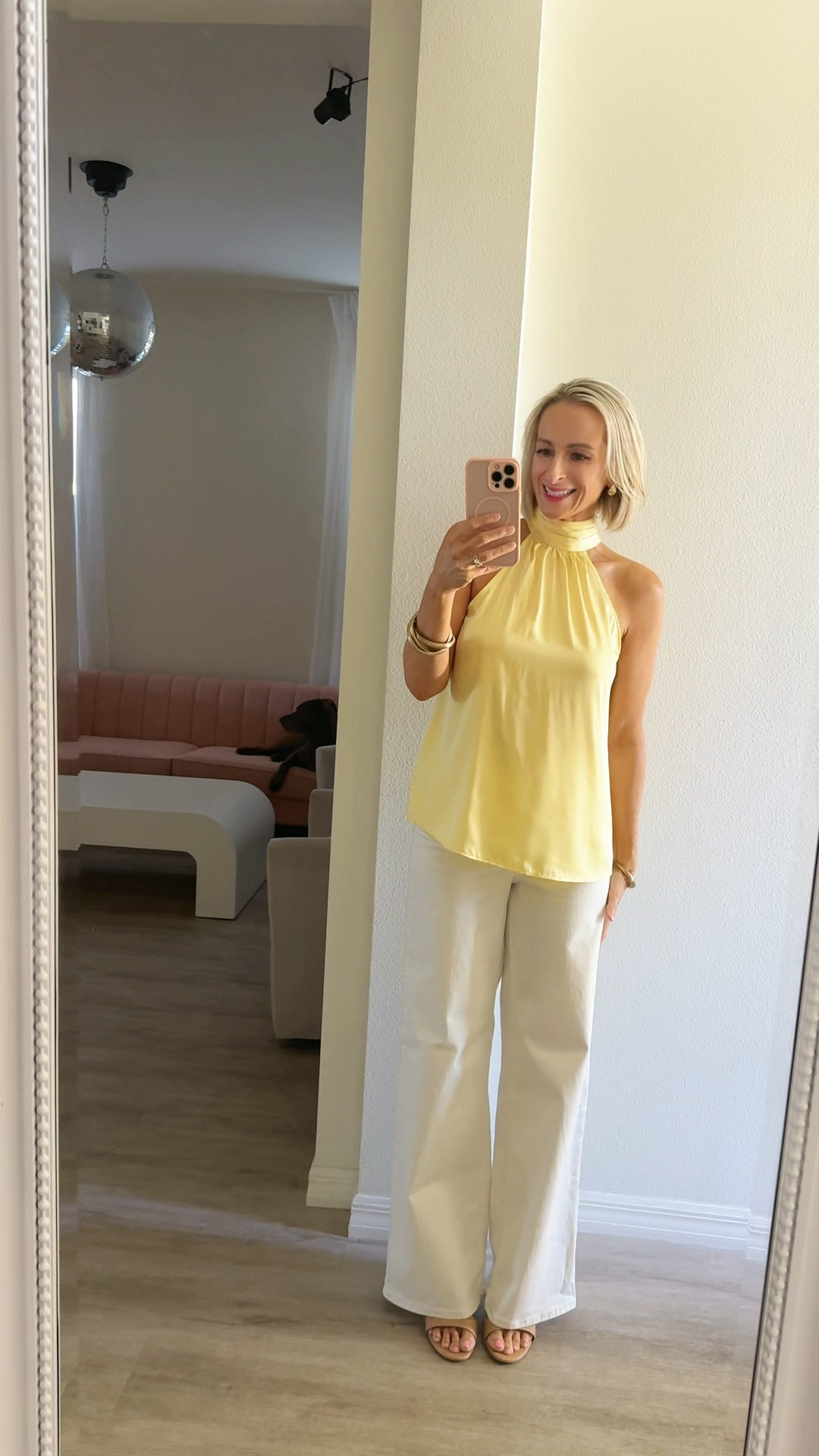 Yellow top with my favorite white wide leg jeans for date night💛