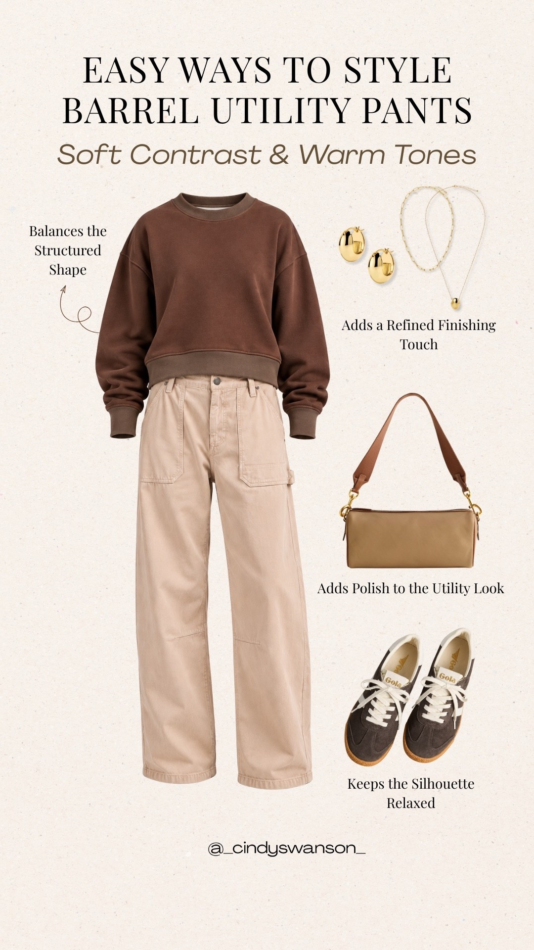 Barrel utility pants are such a versatile addition to a casual wardrobe, and I love the soft contrast of these light neutral pants with a rich brown sweatshirt. A simple shoulder bag, gold jewelry, and classic sneakers keep the utility-inspired look relaxed while still feeling polished.

#LTKootd #LTKgrwm #LTKOver40