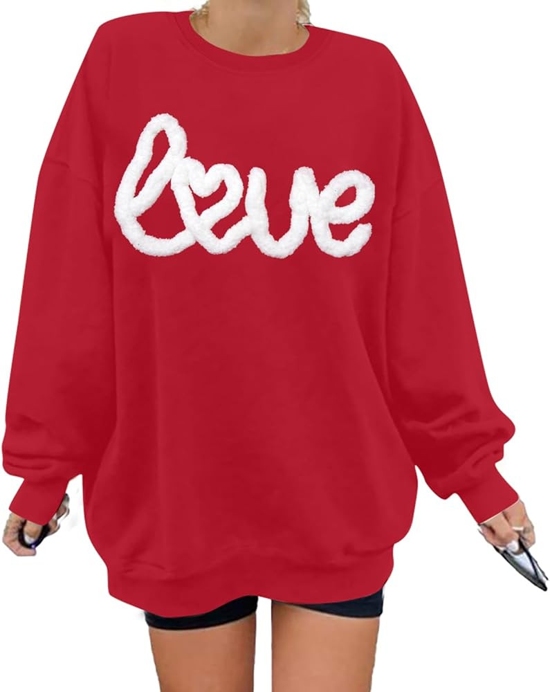 MAXIMGR Valentines Sweatshirts Women Love Sweatshirt - Oversized Embroidered Crewneck Shirt Valen... | Amazon (US)