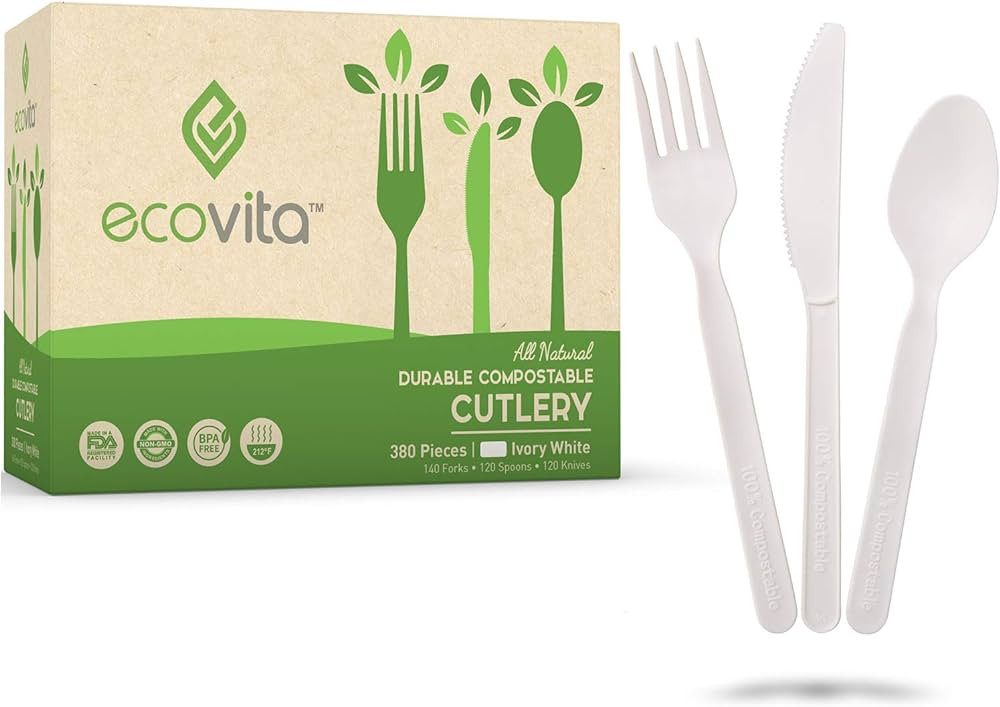 100% Compostable Forks Spoons Knives Cutlery Combo Set - 380 Large Disposable Utensils (7 in.) Ec... | Amazon (US)