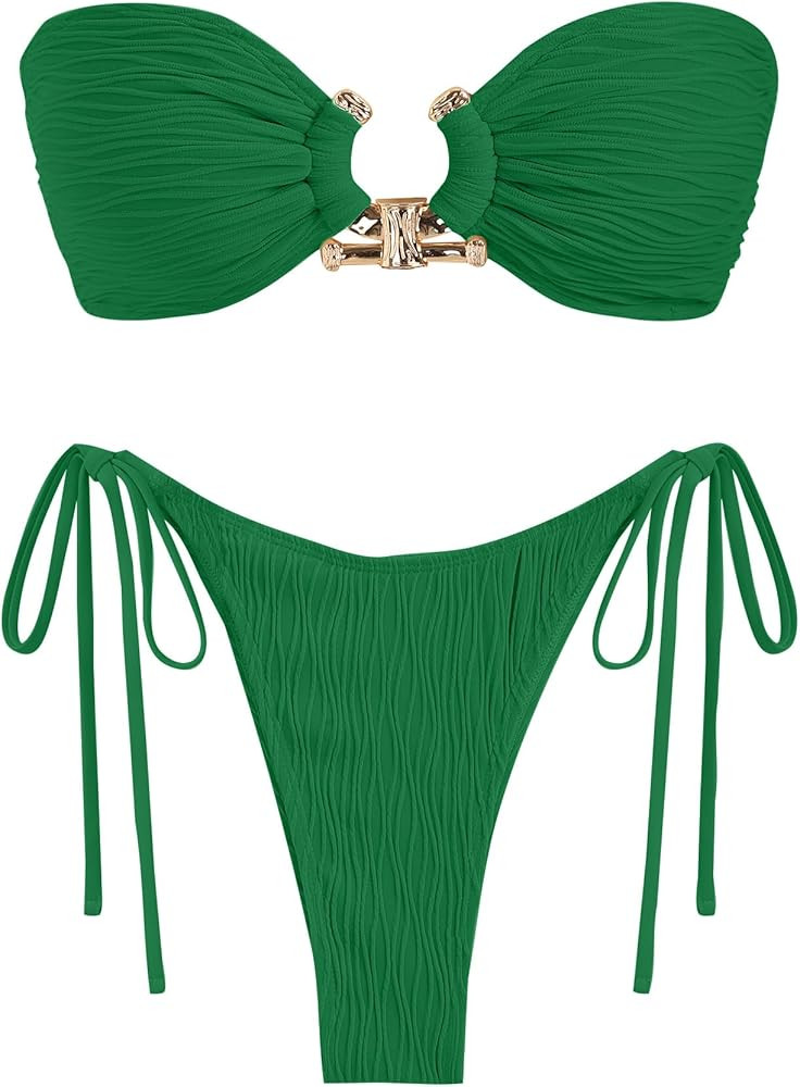 ZAFUL Women Bikini Sets Ribbed Textured Metal Two Piece Adjustable Tie Back Bandeau Bathing Suit ... | Amazon (US)