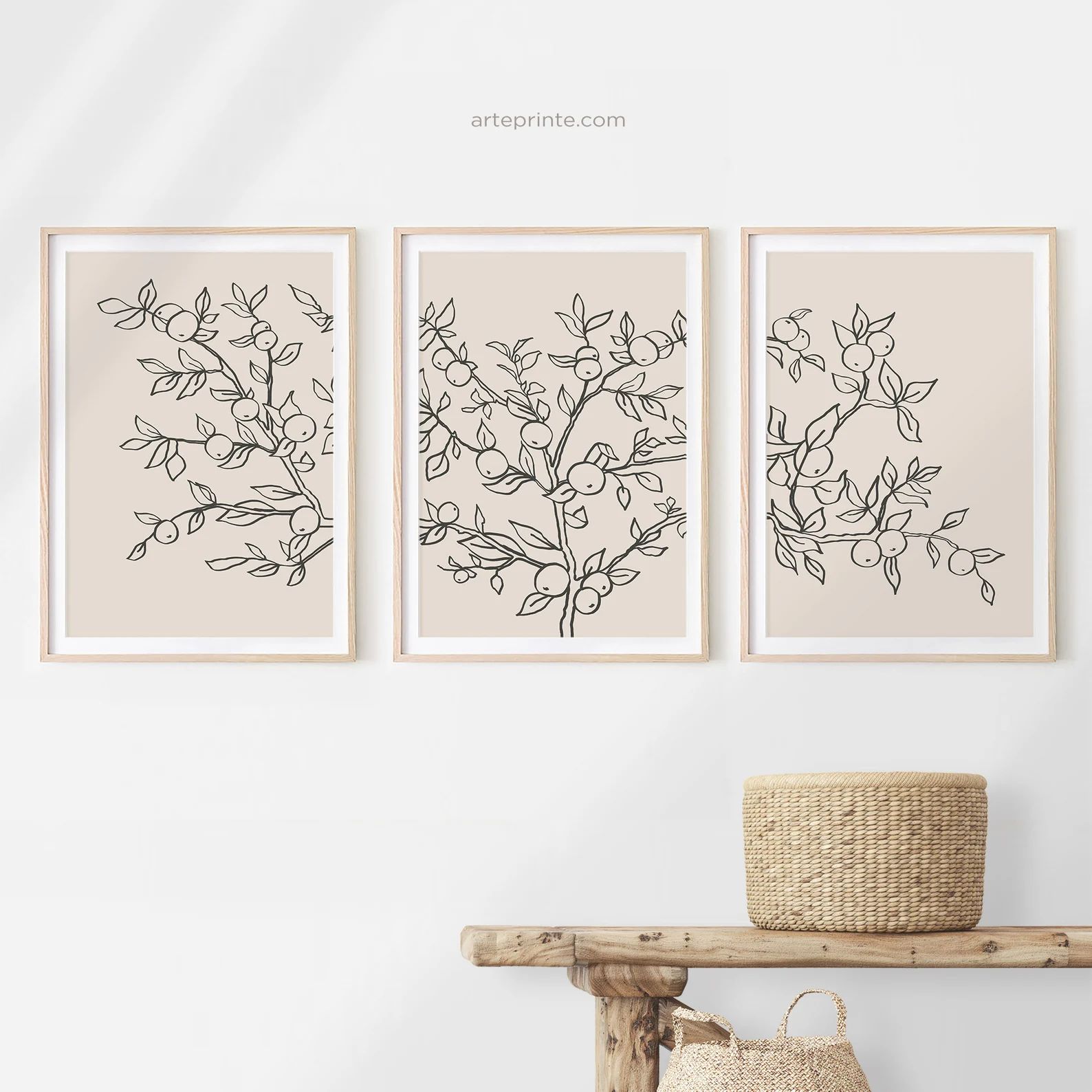 Line Drawing Apple Tree Branch, Set of 3 Printable Prints, Beige and Black Minimalist Botanical W... | Etsy (US)