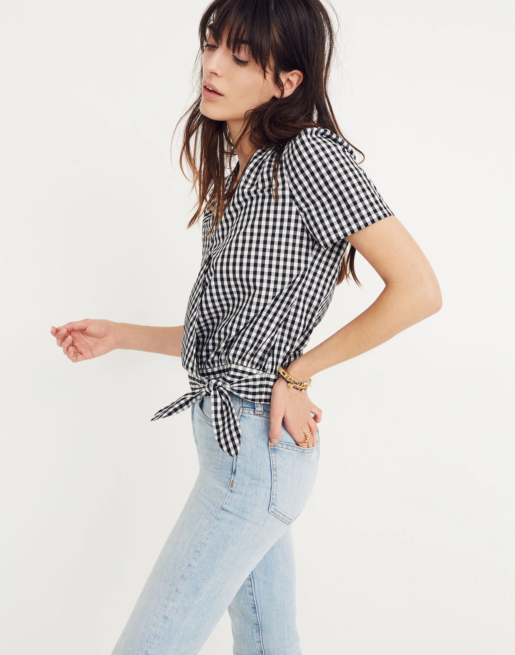 Short-Sleeve Wrap Top in Gingham Check | Madewell