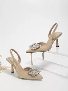 Rhinestone Decor Point Toe Stiletto Heeled Slingback Faux Suede Pumps | SHEIN