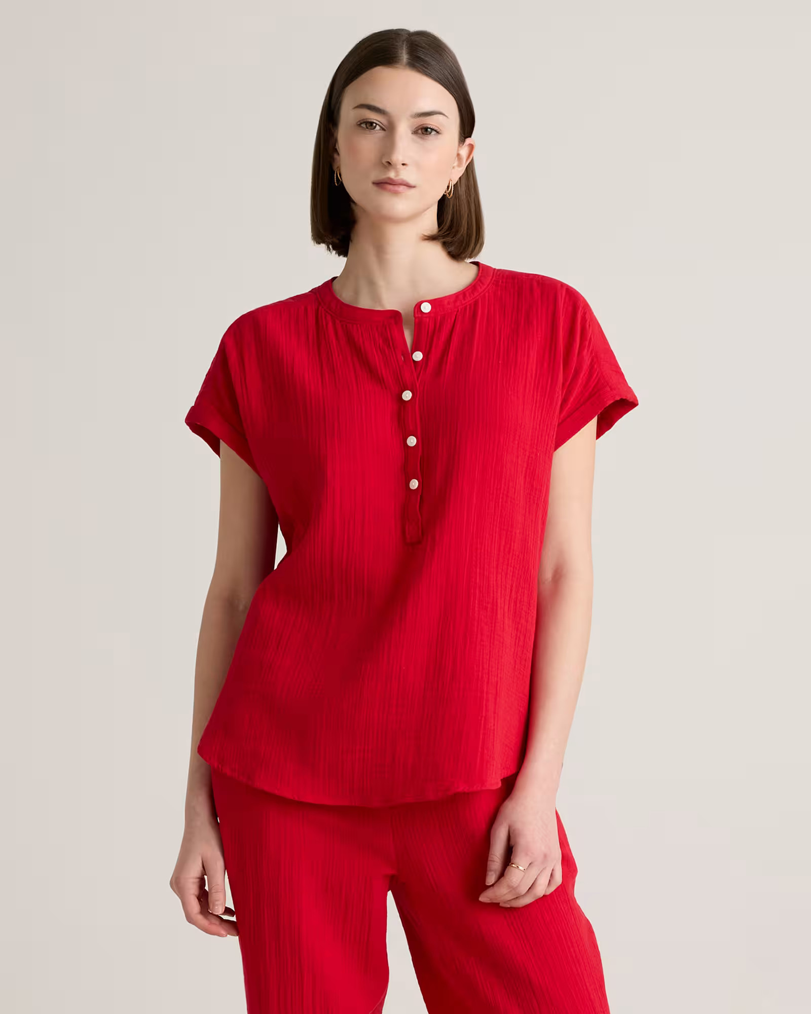 100% Organic Cotton Gauze Roll Sleeve Shirt in Wild Cherry | Quince