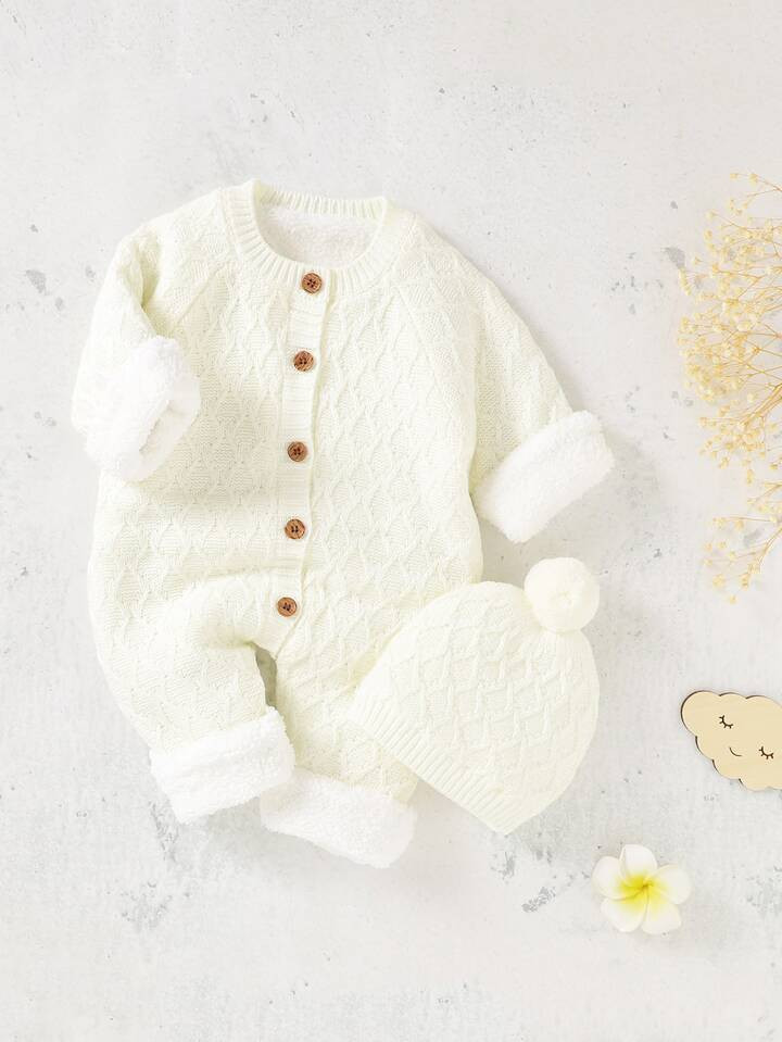 Baby Button Through Thermal Knit Jumpsuit With Hat | SHEIN