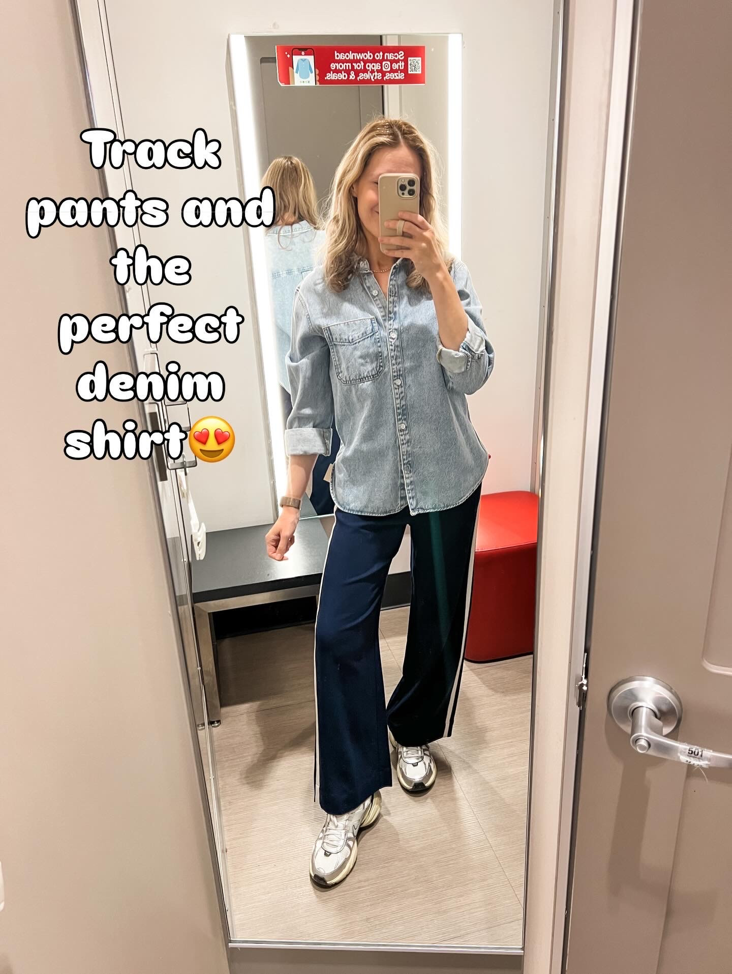 Target track pants with comfy elastic waist, wish these were an inch longer - I’m 5’8”. Fit true to size, I’m a small. Denim shirt is excellent, I tend to love any and all denim shirts but this one is really good! I’m in my usual size small. #targetstyle 