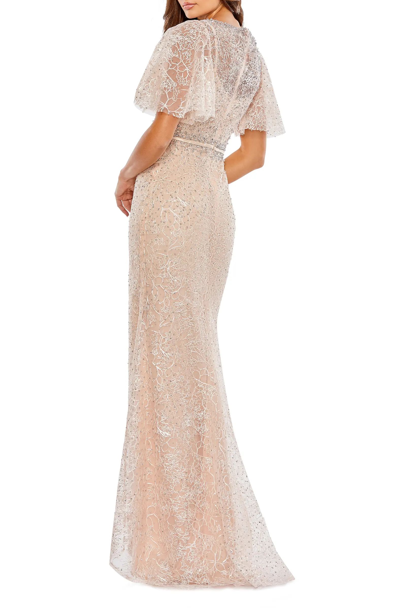 Beaded Embroidered Flutter Sleeve Trumpet Gown | Nordstrom