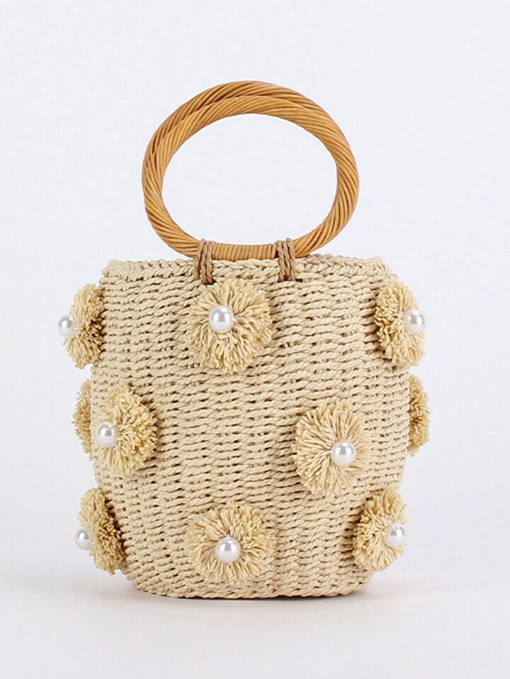 New Arrival Flower Design Handheld Woven Basket Bag Straw Beach Bag For Vacation Or Storage Use | SHEIN