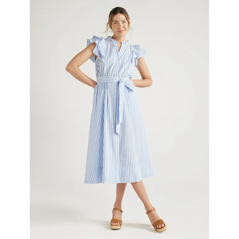 Free Assembly Women's Cotton Ruffle Neck Maxi Shirtdress, Sizes XS-XXL | Walmart (US)