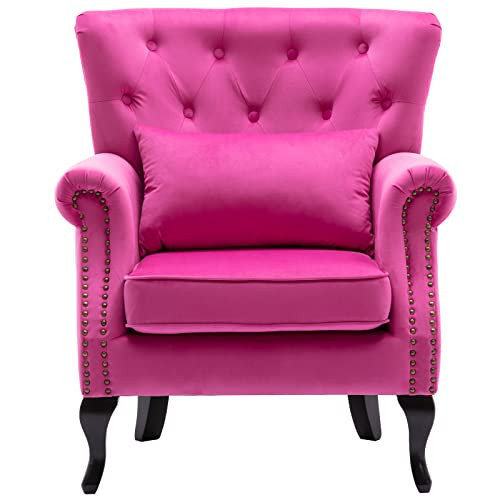 DM Furniture Mid Century Accent Chair Modern Button Tufted Armchair Wingback Club Chair Velvet Single Sofa Lounge Chair with Pillow for Living Room Bedroom, Rose Pink | Amazon (US)