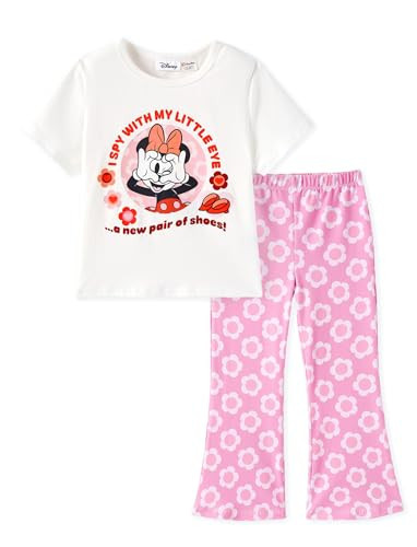 Disney Minnie Mouse Girls 2-Piece Outfit | Crew Neck Short Sleeve Shirt Tee & Pink Flower Print Flared Pants | Cute Casual Summer Clothes for Toddler Girls 4-5T | Amazon (US)