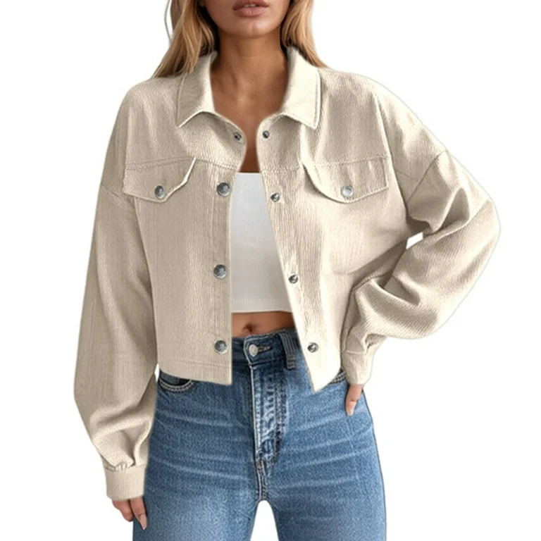 Women's Casual Jacket Button Down Corduroy Cropped Shackets Fall Trendy Long Sleeve Relaxed Fit T... | Walmart (US)