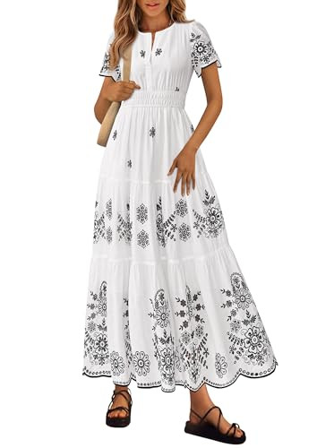 PRETTYGARDEN Boho Dresses for Women 2026 Summer Spring Casual Floral Short Sleeve V Neck Maxi Elastic Waist Dress Pockets (White Black Flower,Medium) | Amazon (US)