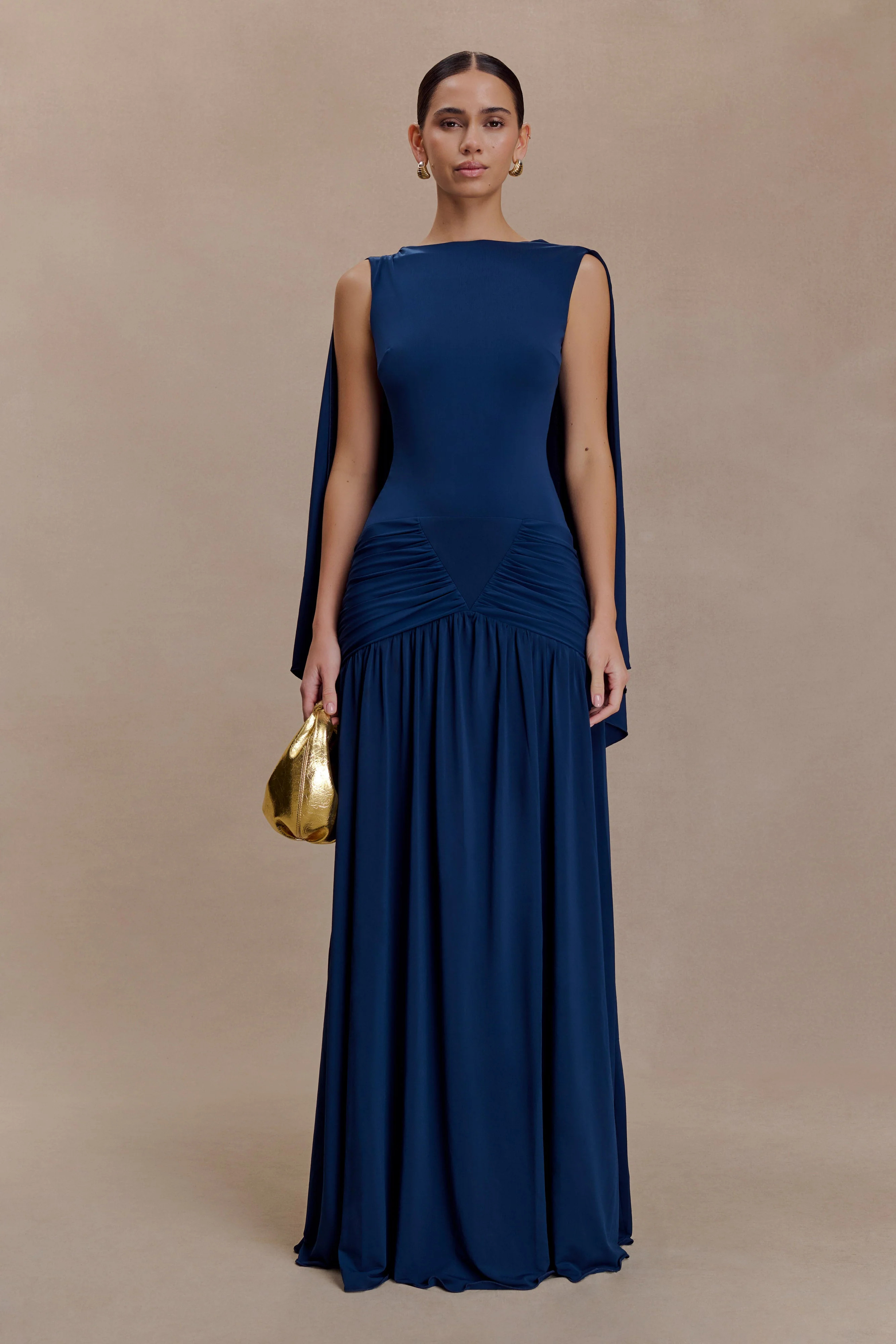 Emory Jersey Cape Maxi Dress - Navy | Meshki UK