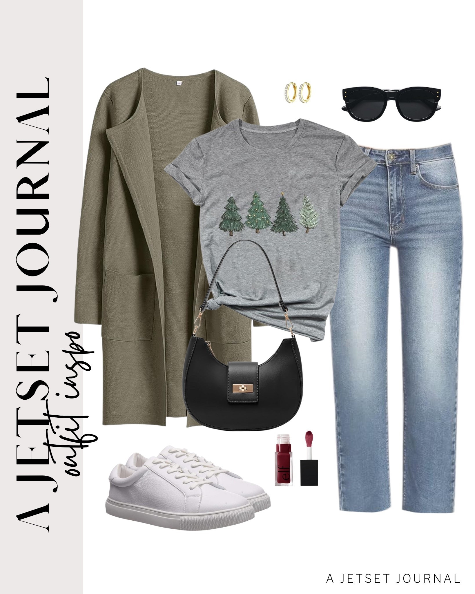 Cardigan and jeans paired with a holiday tee and sneakers for a simple look.
christmas trees shirt, casual outfit idea, holiday fashion, wide leg jeans, casual look, vacation style, winter style, makeup must have, beauty favorite, transitional outfit, functional bag, amazon fashion, affordable style

#LTKU #LTKSeasonal #LTKFindsUnder50