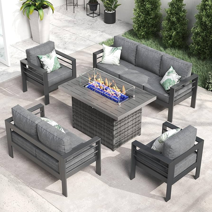 LayinSun Aluminum Furniture Set with Fire Pit Table, 5 Pieces Patio Sectional Conversation Chat S... | Amazon (US)