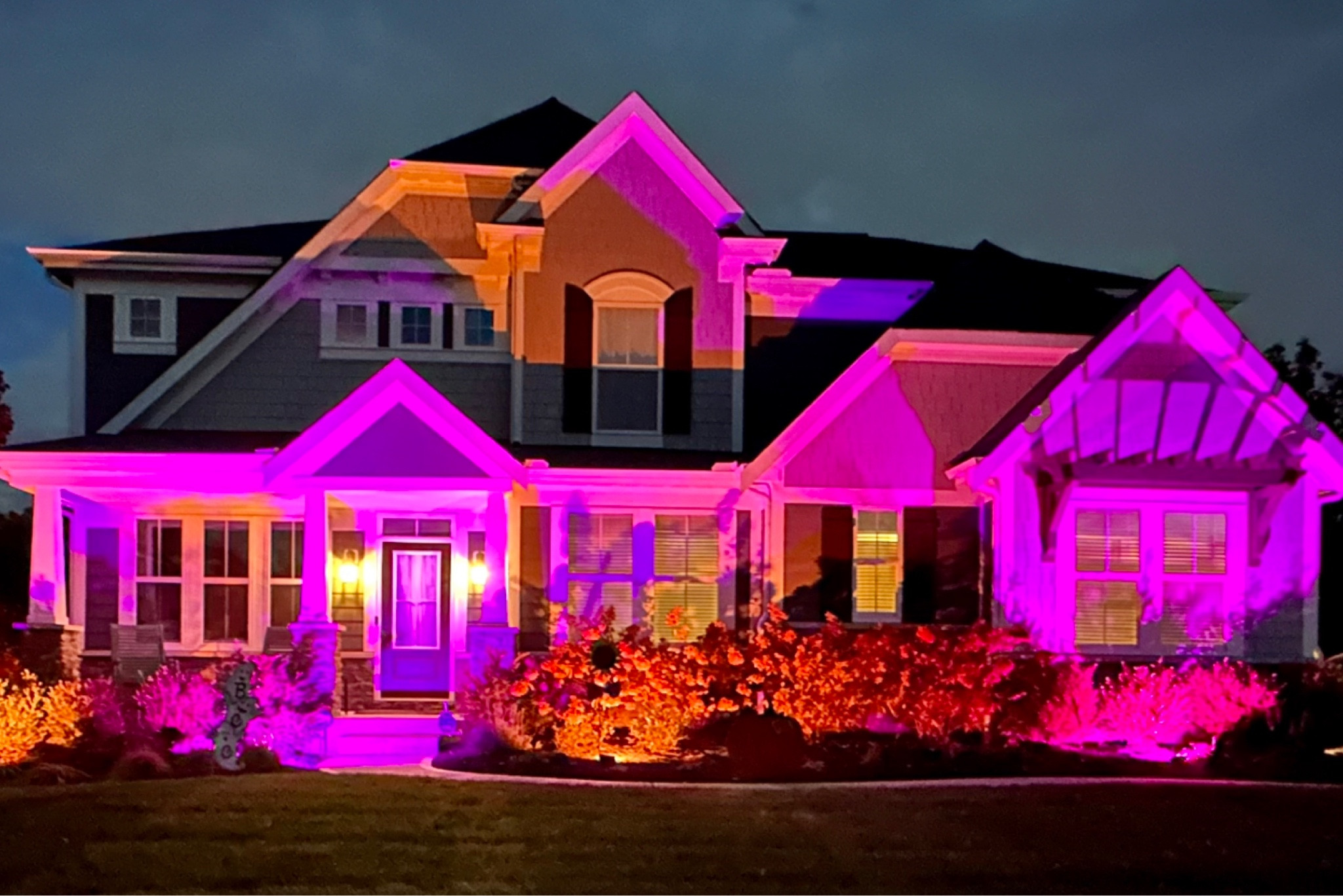 Color changing LED flood up lights for exterior of home! Change colors for all seasons or use white for standard uplighting. Also dimmable with timer. Controlled individually or as a group.

#LTKHalloween #LTKhome #LTKHoliday