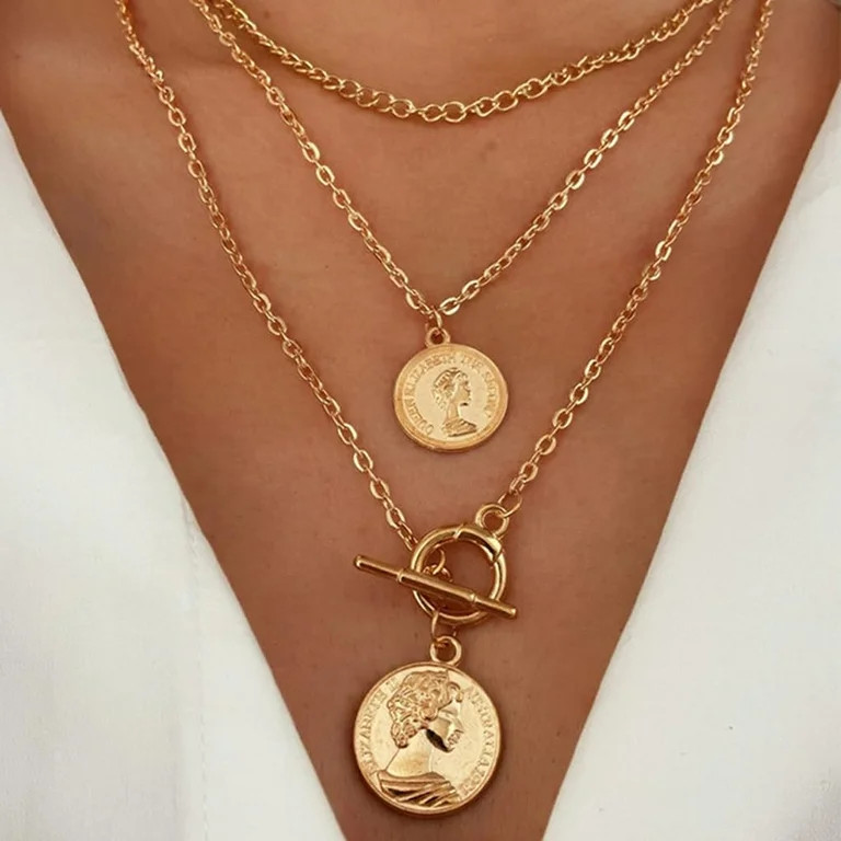 Chunky Gold Coin Pendant Necklaces Set for Women Adjustable Coins Toggle Clasp Necklace Layered C... | Walmart (US)