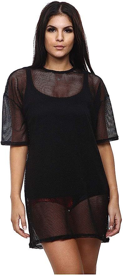 janisramone Womens Ladies New Short Sleeve Fishnet Sheer Mesh Oversized Longline T-Shirt Dress Tu... | Amazon (UK)