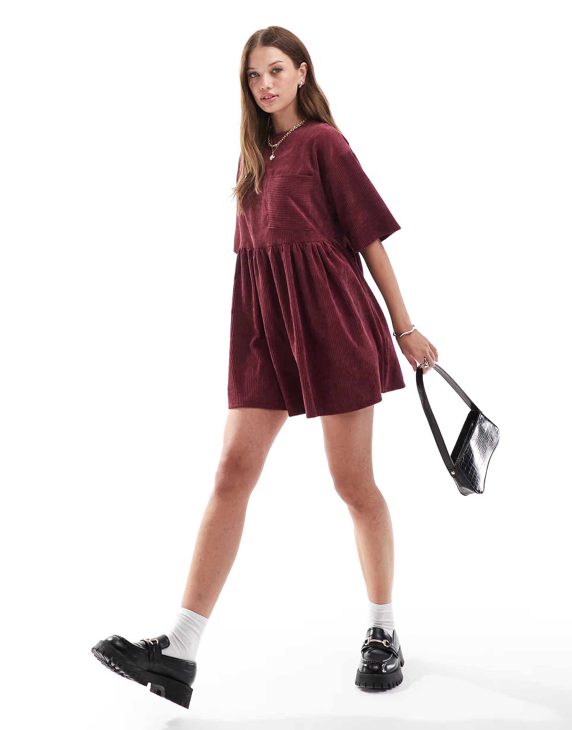 ASOS DESIGN cord t-shirt mini dress in burgundy | ASOS (Global)