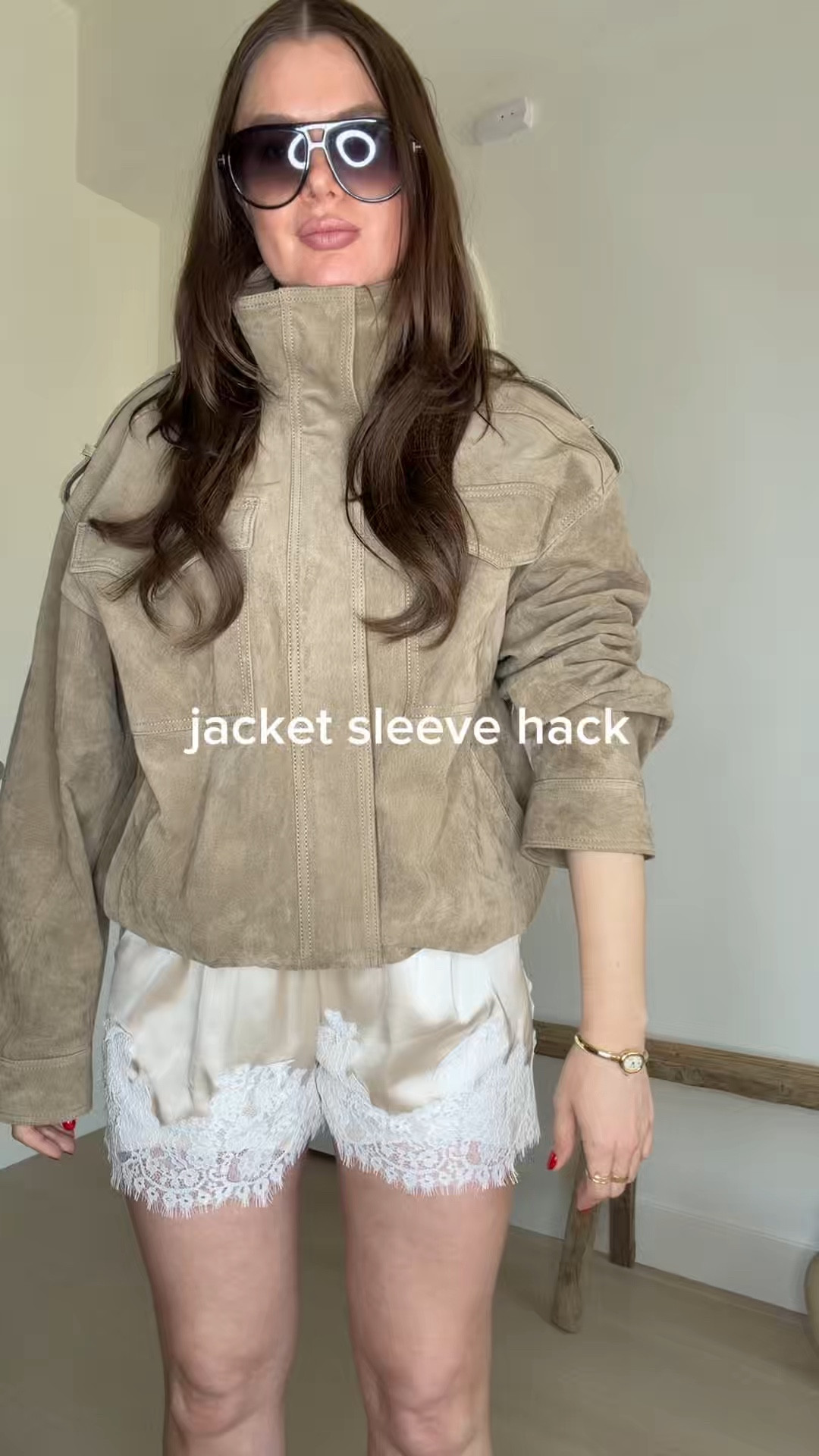 Style hack: If your jacket sleeves are falling down use a hair tie to secure them at the elbow. And fold the sleeve fabric over the hair tie to hide it. 
#suedejacket #stylehack #springoutfit 

#LTKgrwm #LTKSeasonal #LTKootd