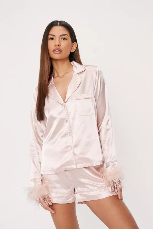 Satin Feather Pajama Shirt and Shorts Set | Nasty Gal (US)