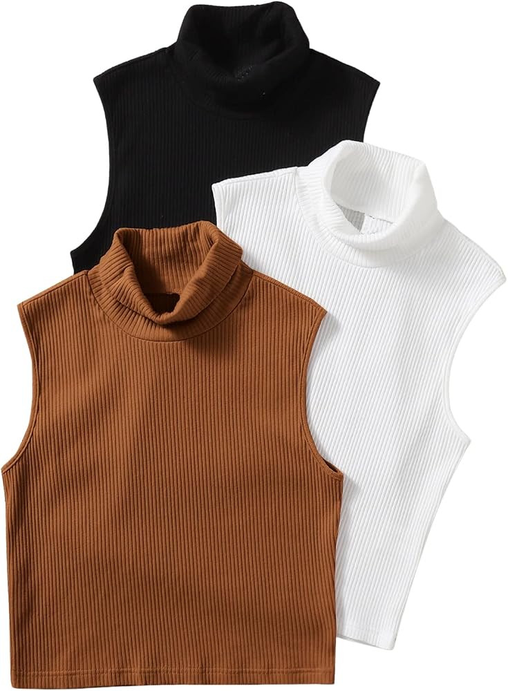 SheIn Women's 3 Pieces Turtleneck Neck Tank Top Sleeveless Rib Knit Tops | Amazon (US)