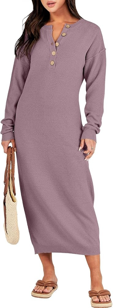 ANRABESS Women Long Sleeve Button V Neck Oversized Casual Loose Fit Waffle Knit Fall Midi Sweater... | Amazon (US)
