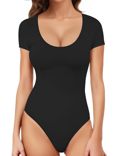 Womens Scoop Neck Bodysuit Short Sleeve Bodysuits For Women Sexy Going Out Thong Body Suit Tops Shirts Basic Clothing Tank Leotards Jumpsuits Bustier Tops Curvy Dupe Tummy Control Black Medium | Amazon (US)