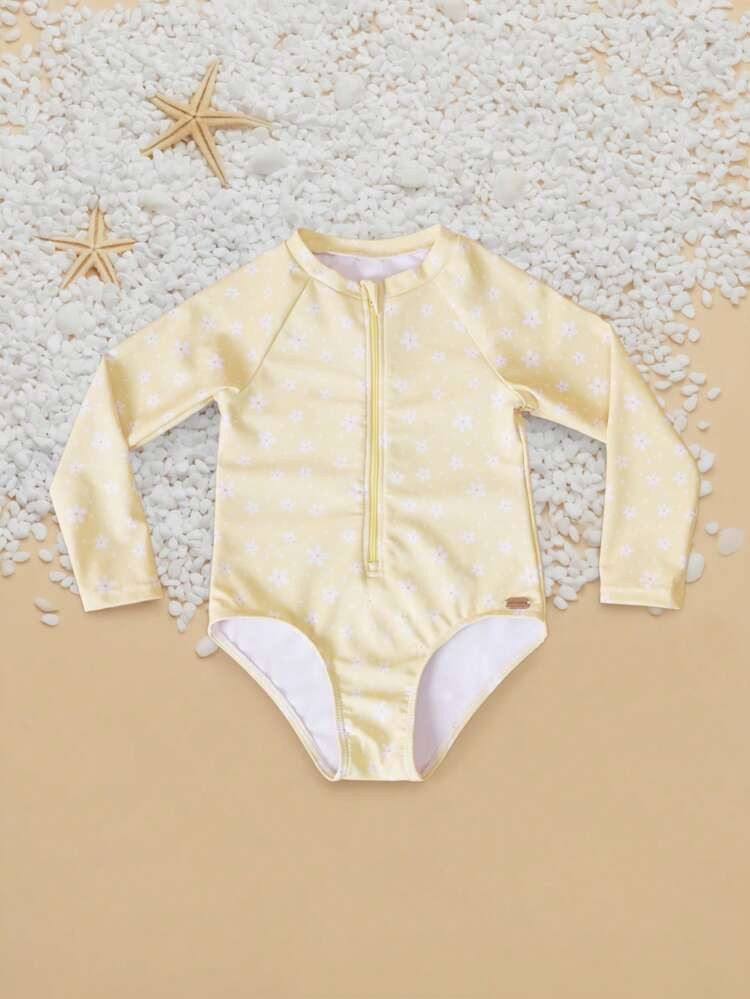 SUMWON Girls Long Sleeve Rash Guard One-Piece Swimsuit With Small White Floral Print And Front Zip For Summer Beach Swimming Pool Activities | SHEIN