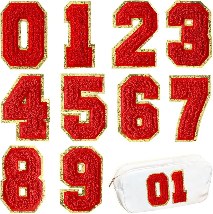 10 Pcs Red Chenille Number Patches, Glitter Iron on Numbers for Clothing, Embroidery Varsity Numb... | Amazon (US)