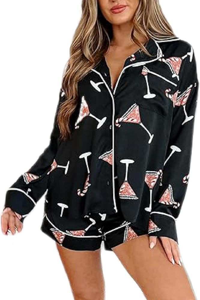 NUFIWI Women Christmas Pajamas Pjs Set Cute Santa Colorful Pj Long Sleeve Shirt Lounge Shorts 2 P... | Amazon (US)