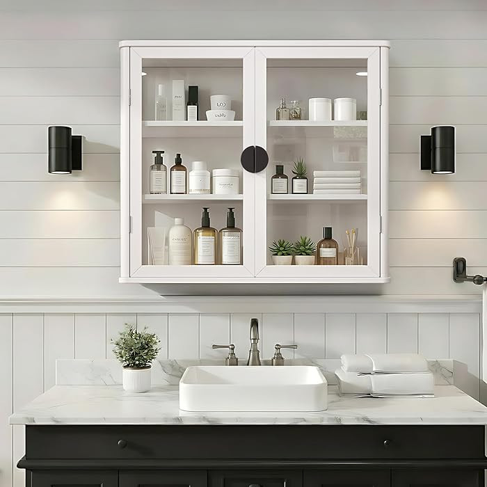 Bathroom Wall Cabinet with Glass Doors, 28" Floating Cabinet with Adjustable Shelf, Wall Display ... | Amazon (US)