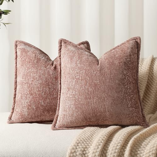 DEZENE Pack of 2 Pink Decorative Throw Pillow Covers 18x18 Cozy Soft Chenille Boho Accent Vintage Farmhouse Square Couch Pillow Covers for Home Decor Bed Sofa Living Room | Amazon (US)