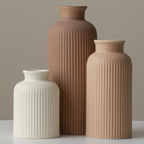 Large Modern Ceramic Vase Set, Coffee Ribbed Matte Design, 3-Piece Decorative Vases for Home, Living Room, Office (XL Coffee Mix) | Amazon (US)