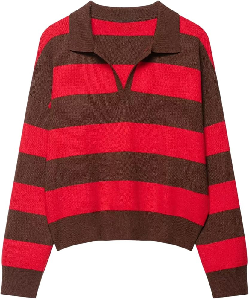 Chevara Women’s Striped Polo Sweater V Neck Colorblock Knit Pullover Y2K Casual Loose Fit Rugby... | Amazon (US)