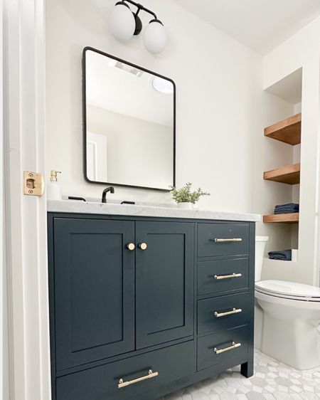 Kids bathroom, blue vanity, boys bathroom, hardware upgrade, medicine cabinet, budget bathroom, amazon bathroom, sconce, kohler, geometry towels, vanity

#LTKstyletip #LTKhome #LTKfamily