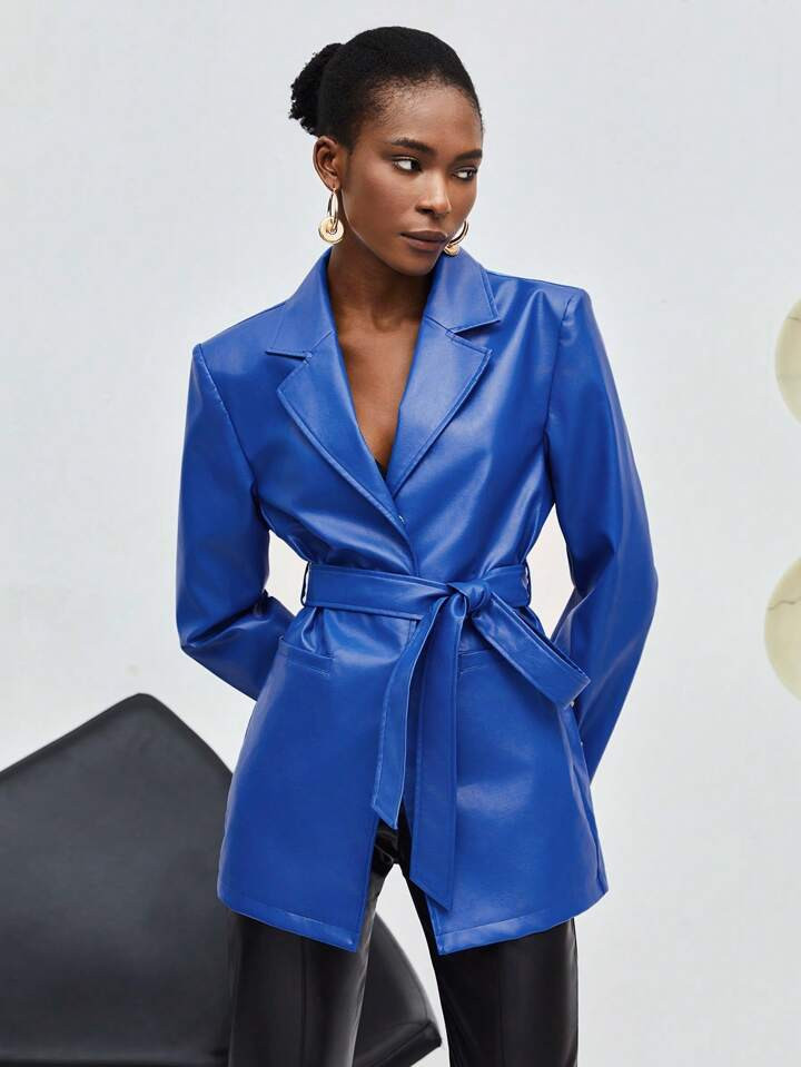 SHEIN BIZwear Lapel Neck Belted PU Leather Blazer | SHEIN
