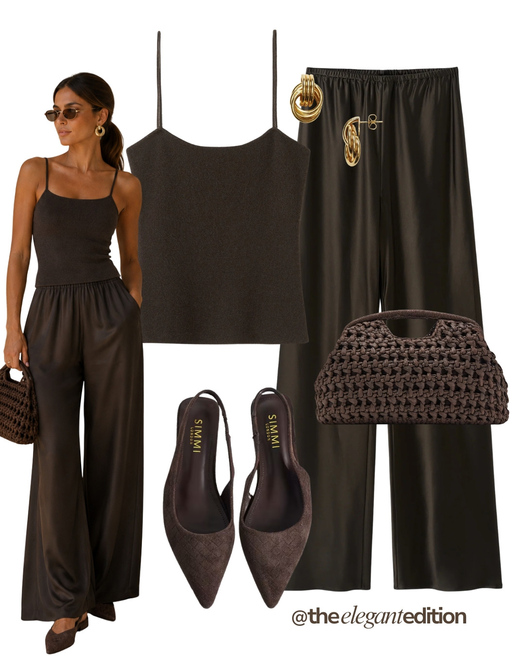 BROWN SATIN CO-ORD LOOK 🤎 — Brown knit cami top, brown wide-leg satin trousers, woven clutch bag, gold knot earrings and brown slingback heels.
#summeroutfit #oldmoney #LTKsummer #LTKstyletip 

 #LTKeurope #LTKsummer #LTKstyletip