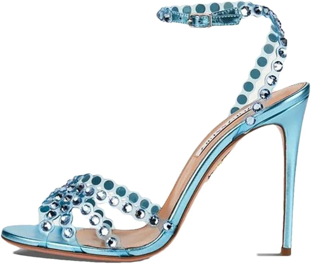 Damen Peep Toe Strass verziert schmales Band Sandalen High Heels Spaghetti Riemchen Schuhe, Siehe... | Amazon (DE)