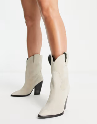 ASOS DESIGN Ranch suede mid-calf heeled western boots in off white | ASOS (Global)