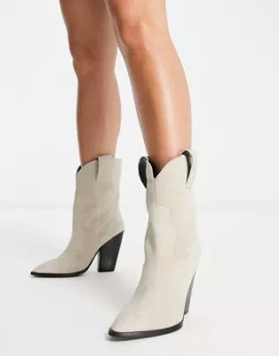 ASOS DESIGN Ranch suede mid-calf heeled western boots in off white | ASOS (Global)