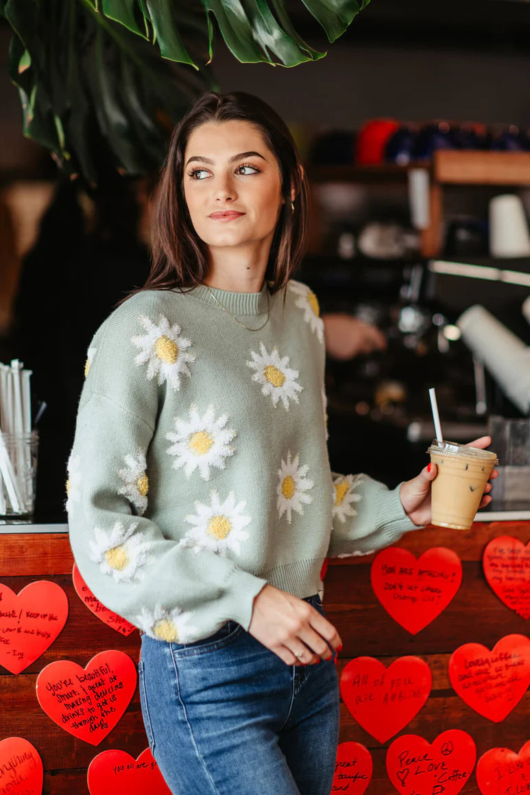 Simply Southern Daisy Print Cropped Sweater for Women in Green | Glik's