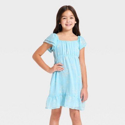 Girls' Ruffle Short Sleeve Chiffon Floral Dress - Cat & Jack™ Light Blue XXL Plus | Target