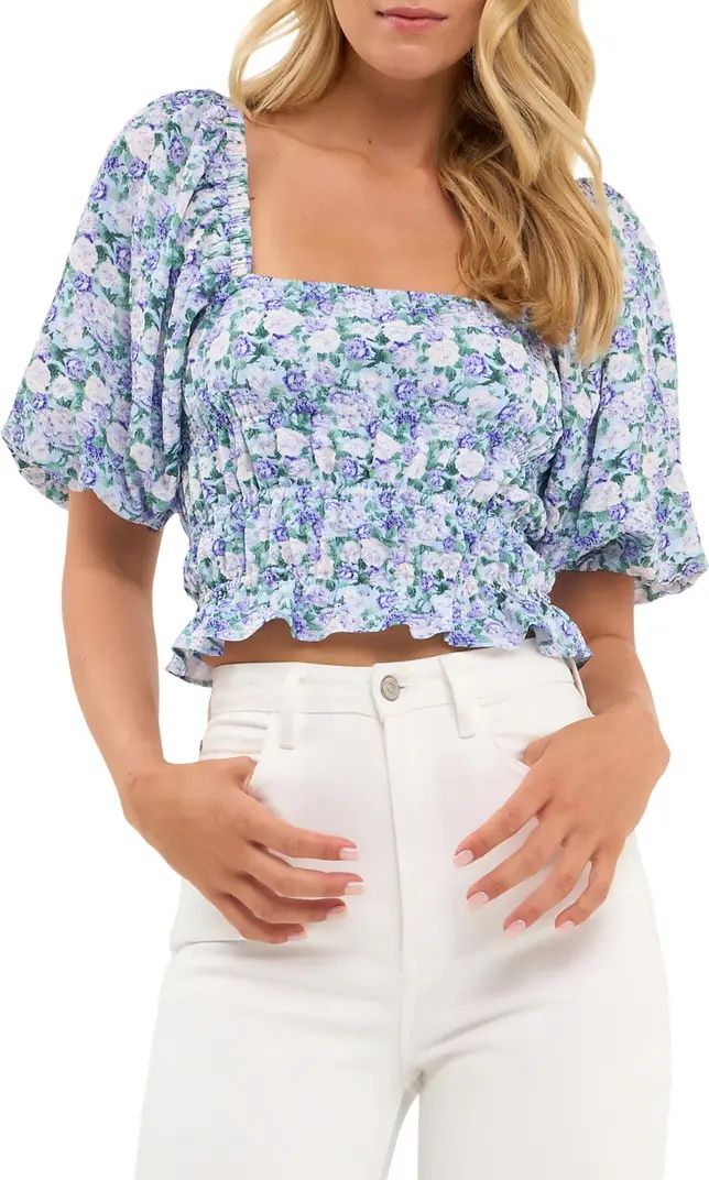 Floral Shirred Puff Sleeve Crop Top | Nordstrom