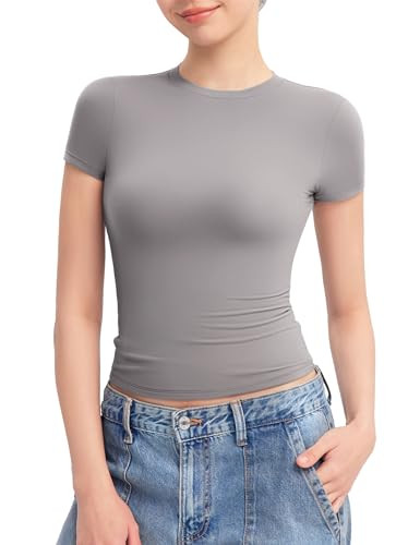 PUMIEY T Shirts for Women Crew Neck Short Sleeve Basic Tops Summer Y2K Crop Tops, Elephant Grey X-Large | Amazon (US)