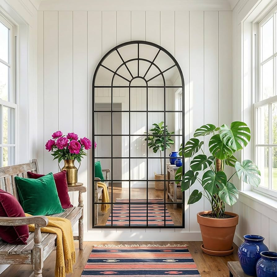 64x30Inch Large Arched Window Pane Mirror| Black Arched Mirrors for Wall & Floor | Arch Mirror Fu... | Amazon (US)